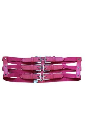 Triple Buckle Faux Red Leather Stretch Studded Corset Belt EUC Sz S/M